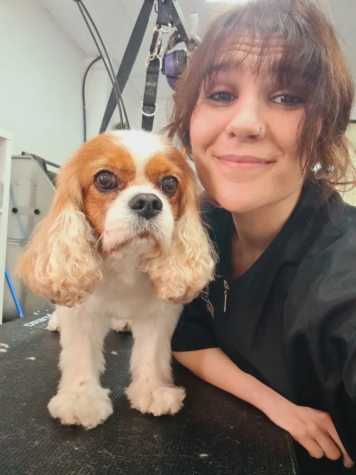 A groomer smiles next to a freshly groomed Cavalier King Charles Spaniel