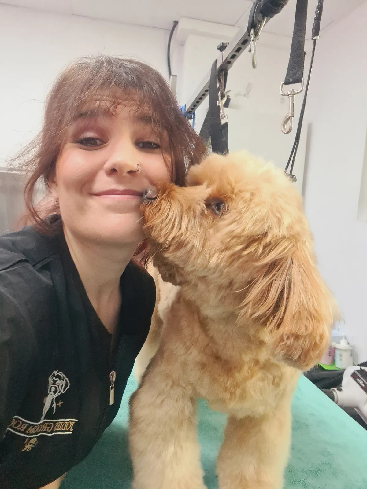 A groomer smiles cheek to cheek with a golden cockapoo