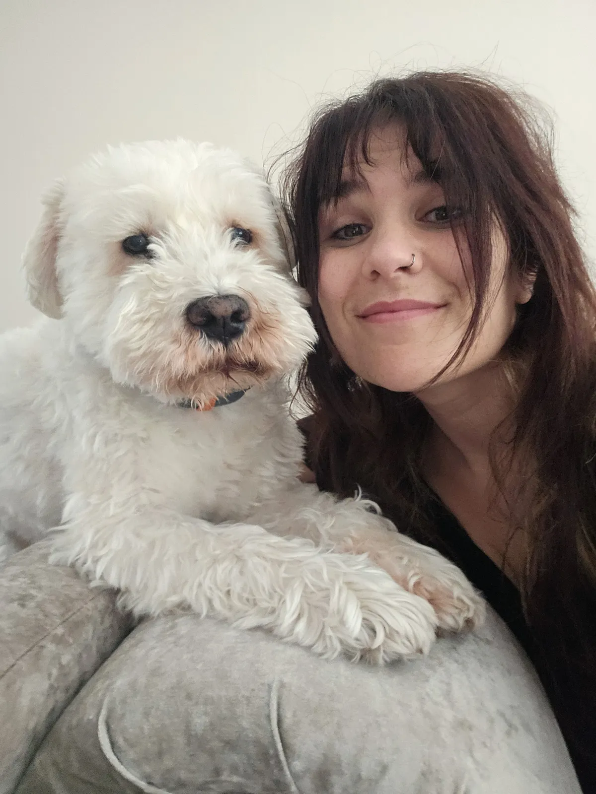 A sitter rests her head against a shaggy white terrier mix
