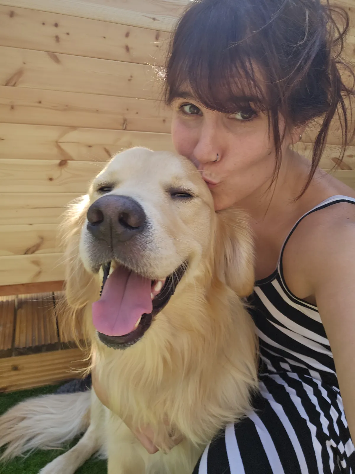 A sitter gives a kiss to a smiling Golden Retriever