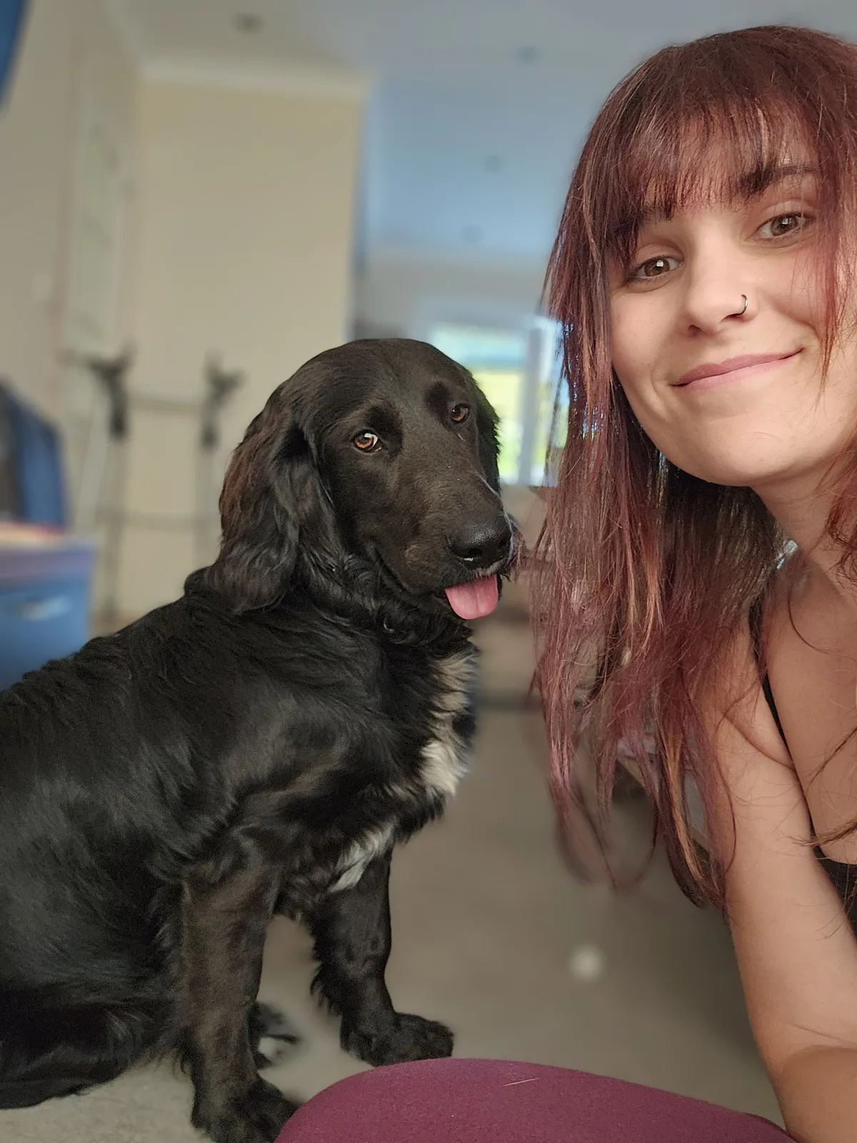 A sitter smiles next to a small black spaniel mix